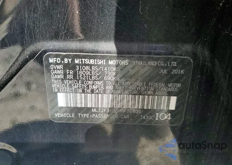 2017 Mitsubishi Mirage G4 Es z USA, uszkodzony, nr VIN ML32F3FJ6HHF11403